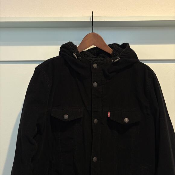 Levi's Jacket Mens Large Black Sherpa Lined Corduroy Hooded Trucker Winter Coat - Picture 5 of 16